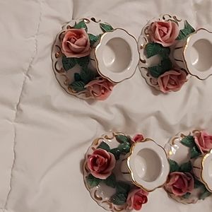4 candle holders made in Germany  roses/ leaves placed on porcelaine? all around